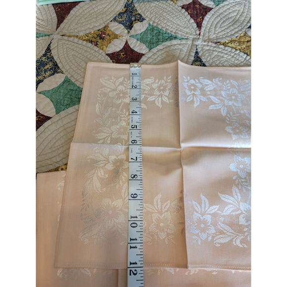 Vtg Square Tablecloth And Napkins Peachy Pink Floral Metallic 47"x47" & 12"x12" - Picture 11 of 11